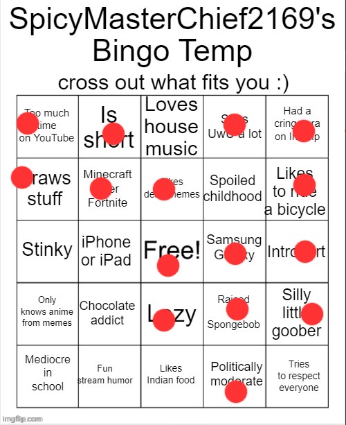 SpicyMasterChief2169's Bingo Temp | image tagged in spicymasterchief2169's bingo temp | made w/ Imgflip meme maker