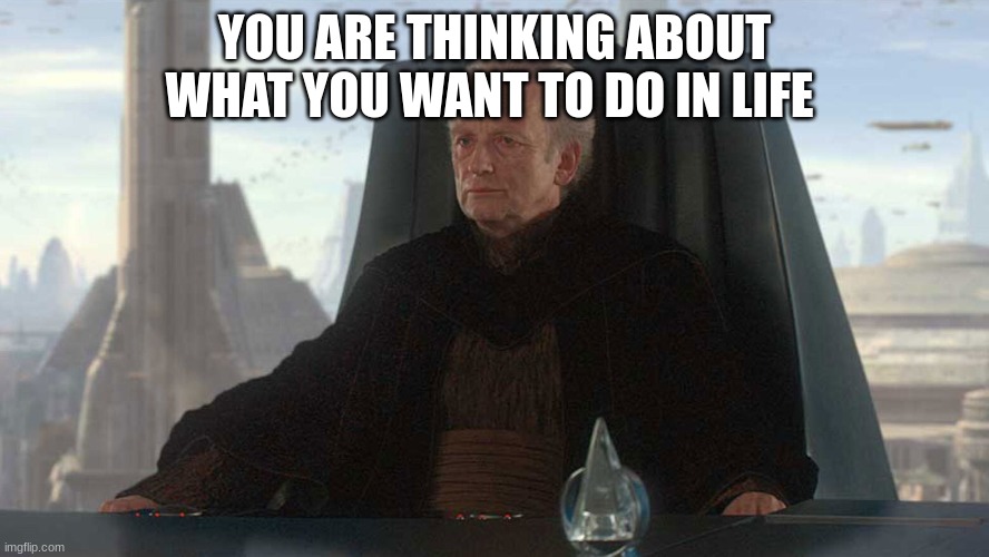 chancellor palpatine | YOU ARE THINKING ABOUT WHAT YOU WANT TO DO IN LIFE | image tagged in chancellor palpatine | made w/ Imgflip meme maker
