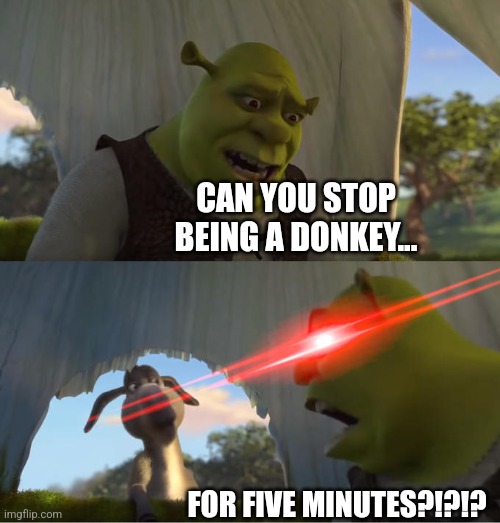 Stop being a donkey | CAN YOU STOP BEING A DONKEY... FOR FIVE MINUTES?!?!? | image tagged in shrek for five minutes | made w/ Imgflip meme maker