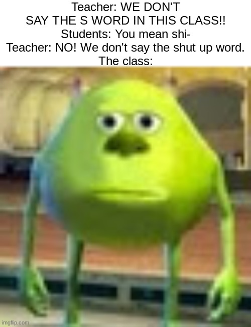 "...what?" | Teacher: WE DON'T SAY THE S WORD IN THIS CLASS!!
Students: You mean shi-
Teacher: NO! We don't say the shut up word.
The class: | image tagged in sully wazowski,shut up,teachers,relatable,funny,school | made w/ Imgflip meme maker