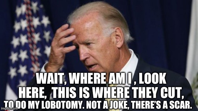 Joe Biden worries | WAIT, WHERE AM I , LOOK HERE,  THIS IS WHERE THEY CUT, TO DO MY LOBOTOMY. NOT A JOKE, THERE’S A SCAR. | image tagged in joe biden worries | made w/ Imgflip meme maker