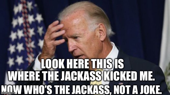Joe Biden worries | LOOK HERE THIS IS WHERE THE JACKASS KICKED ME. NOW WHO’S THE JACKASS, NOT A JOKE. | image tagged in joe biden worries | made w/ Imgflip meme maker