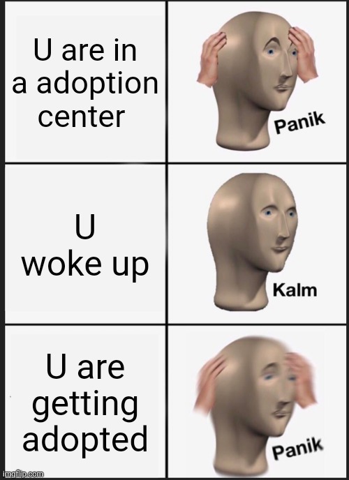 Panik Kalm Panik Meme | U are in a adoption center; U woke up; U are getting adopted | image tagged in memes,panik kalm panik | made w/ Imgflip meme maker