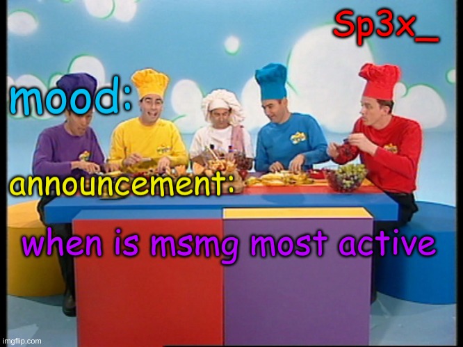 Sp3x_ Fruit salad yummy yummy announcement v4 | when is msmg most active | image tagged in sp3x_ fruit salad yummy yummy announcement v4 | made w/ Imgflip meme maker