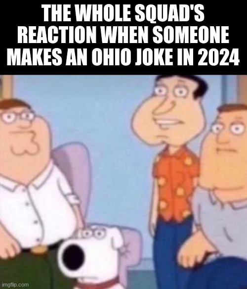 ohio isn't funny. | THE WHOLE SQUAD'S REACTION WHEN SOMEONE MAKES AN OHIO JOKE IN 2024 | image tagged in unfunny | made w/ Imgflip meme maker