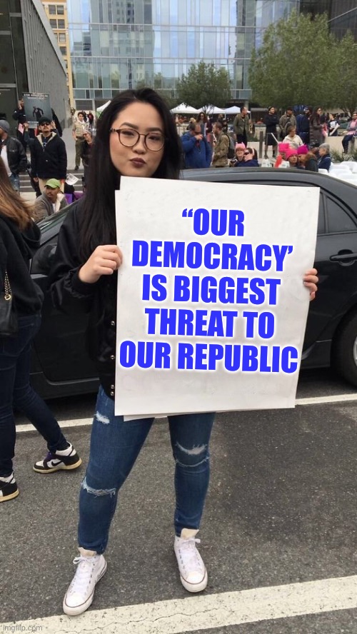protestor | “OUR DEMOCRACY’ IS BIGGEST THREAT TO OUR REPUBLIC | image tagged in protestor,usa,democrat,democrats,republicans | made w/ Imgflip meme maker