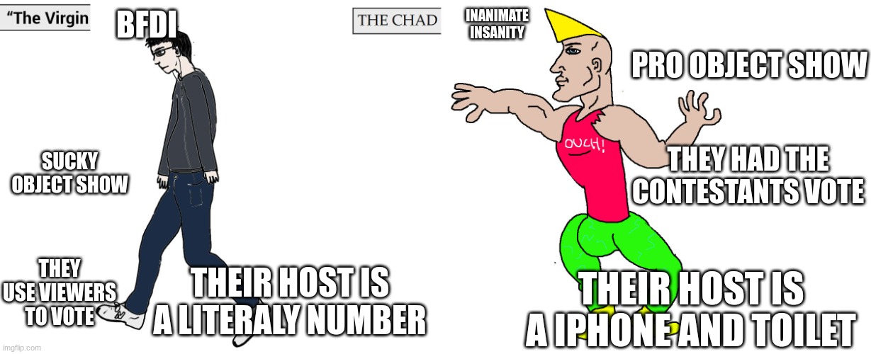 Virgin and Chad | BFDI; INANIMATE INSANITY; PRO OBJECT SHOW; SUCKY OBJECT SHOW; THEY HAD THE CONTESTANTS VOTE; THEY USE VIEWERS TO VOTE; THEIR HOST IS A LITERALY NUMBER; THEIR HOST IS A IPHONE AND TOILET | image tagged in virgin and chad | made w/ Imgflip meme maker