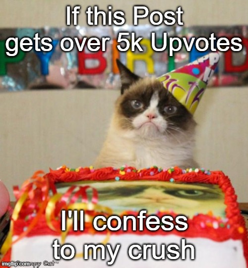 fu8ryugehgvsdfuhysuyfh | If this Post gets over 5k Upvotes; I'll confess to my crush | image tagged in memes,grumpy cat birthday,grumpy cat | made w/ Imgflip meme maker