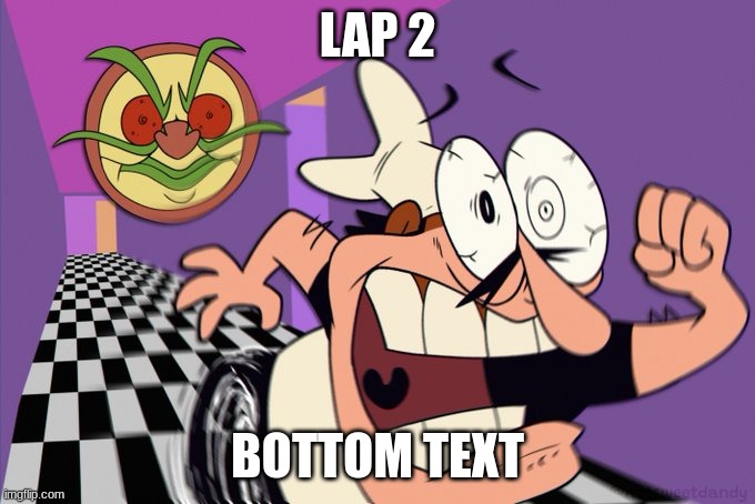 pizzaface shows up VERY LAP 2 ATTEMPT and i'm getting sick of it. | LAP 2; BOTTOM TEXT | image tagged in pizzaface chasing peppino | made w/ Imgflip meme maker