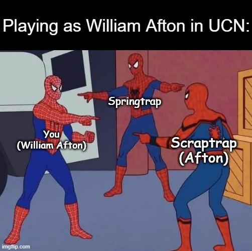 3 Spiderman Pointing | Playing as William Afton in UCN:; Springtrap; You (William Afton); Scraptrap (Afton) | image tagged in 3 spiderman pointing | made w/ Imgflip meme maker