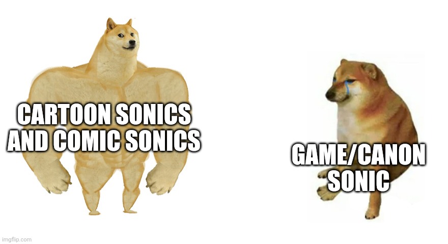 Buff Doge vs Crying Cheems | CARTOON SONICS AND COMIC SONICS GAME/CANON SONIC | image tagged in buff doge vs crying cheems | made w/ Imgflip meme maker