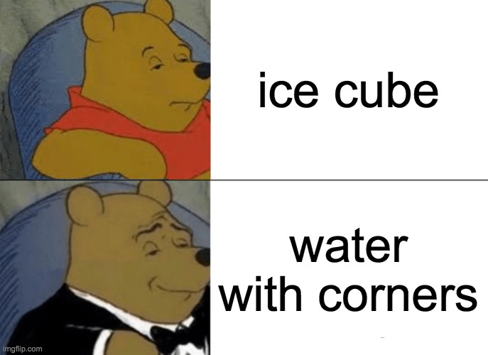 Tuxedo Winnie The Pooh | ice cube; water with corners | image tagged in memes,tuxedo winnie the pooh | made w/ Imgflip meme maker