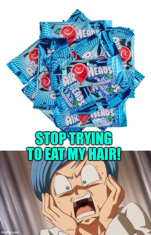 DBZ lore | STOP TRYING TO EAT MY HAIR! | image tagged in shocked bulma template,dbz,lore,stop it get some help | made w/ Imgflip meme maker