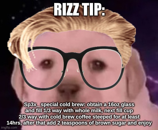 uncomfortable rizz tips pt 4 | RIZZ TIP:; Sp3x_ special cold brew: obtain a 16oz glass and fill 1/3 way with whole milk, next fill cup 2/3 way with cold brew coffee steeped for at least 14hrs, after that add 2 teaspoons of brown sugar and enjoy | image tagged in sp3x_ puppers,uncomfortable rizz tips | made w/ Imgflip meme maker