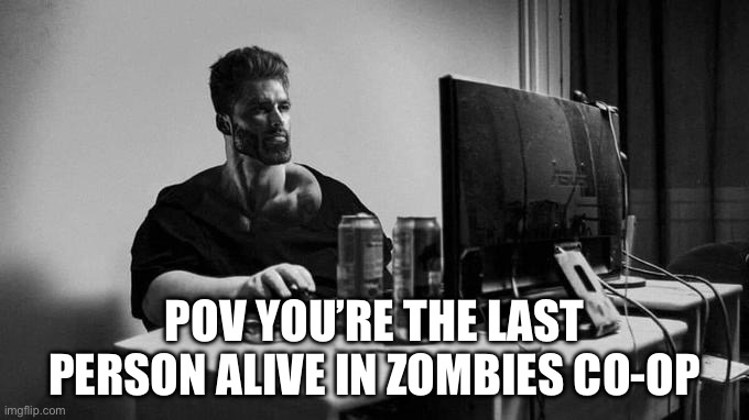 The feeling tho | POV YOU’RE THE LAST PERSON ALIVE IN ZOMBIES CO-OP | image tagged in gigachad on the computer,cod,call of duty | made w/ Imgflip meme maker