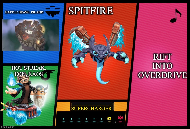 Spitfire in smash | BATTLE BRAWL ISLAND; SPITFIRE; RIFT INTO OVERDRIVE; HOT STREAK, EON, KAOS; SUPERCHARGER | image tagged in smash ultimate dlc fighter profile | made w/ Imgflip meme maker
