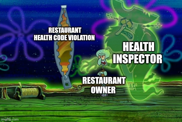 Another health violation | RESTAURANT HEALTH CODE VIOLATION; HEALTH INSPECTOR; RESTAURANT OWNER | image tagged in squidward banished to the fly of despair | made w/ Imgflip meme maker