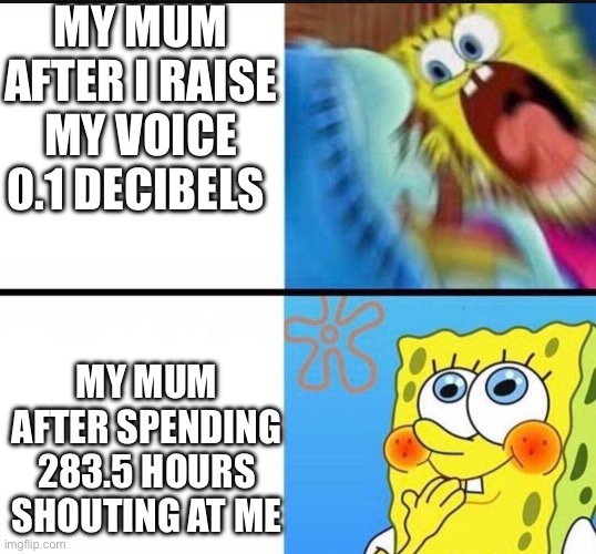 Least disproportionate parent: | MY MUM AFTER I RAISE MY VOICE 0.1 DECIBELS; MY MUM AFTER SPENDING 283.5 HOURS SHOUTING AT ME | image tagged in spongebob yelling,parents | made w/ Imgflip meme maker