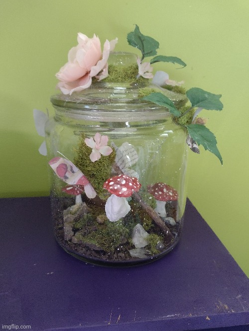 Made this terrarium :3 (a lot of hot glue was used) | made w/ Imgflip meme maker