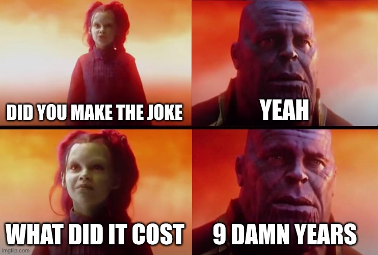 thanos what did it cost | DID YOU MAKE THE JOKE YEAH WHAT DID IT COST 9 DAMN YEARS | image tagged in thanos what did it cost | made w/ Imgflip meme maker