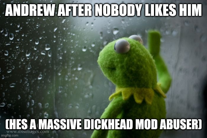 Bro gave me a 2 day ban that got extended just because of part of a word | ANDREW AFTER NOBODY LIKES HIM; (HES A MASSIVE DICKHEAD MOD ABUSER) | image tagged in kermit window | made w/ Imgflip meme maker