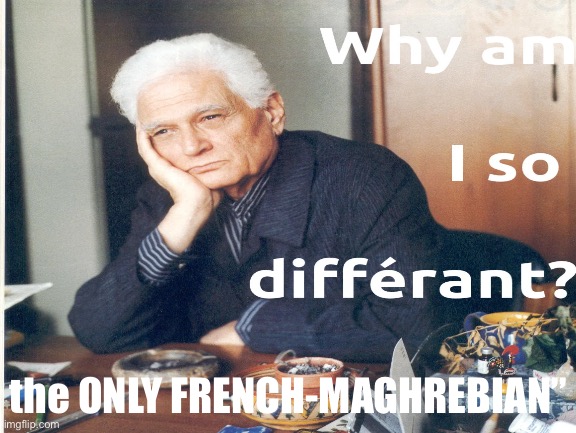 Derrida is differant because | the ONLY FRENCH-MAGHREBIAN” | image tagged in philosophy,literature | made w/ Imgflip meme maker