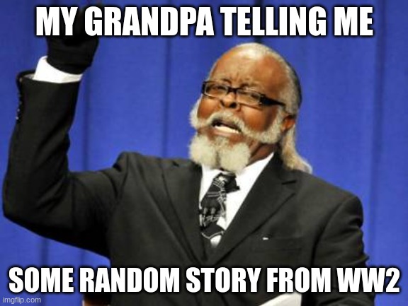 man ww2 | MY GRANDPA TELLING ME; SOME RANDOM STORY FROM WW2 | image tagged in memes,too damn high | made w/ Imgflip meme maker