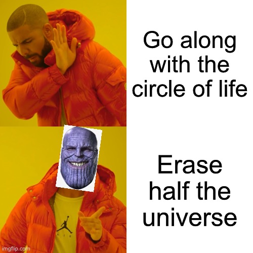 Thanks be like | Go along with the circle of life; Erase half the universe | image tagged in memes,drake hotline bling | made w/ Imgflip meme maker