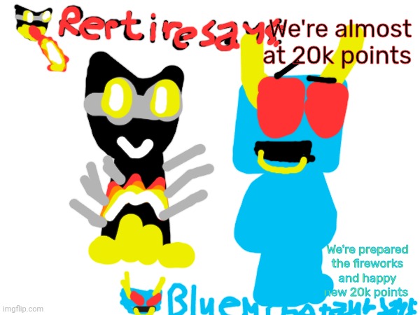 Reptire and Blue Minotaur's announcement | We're almost at 20k points; We're prepared the fireworks and happy new 20k points | image tagged in reptire and blue minotaur,minoptire,reptaur | made w/ Imgflip meme maker