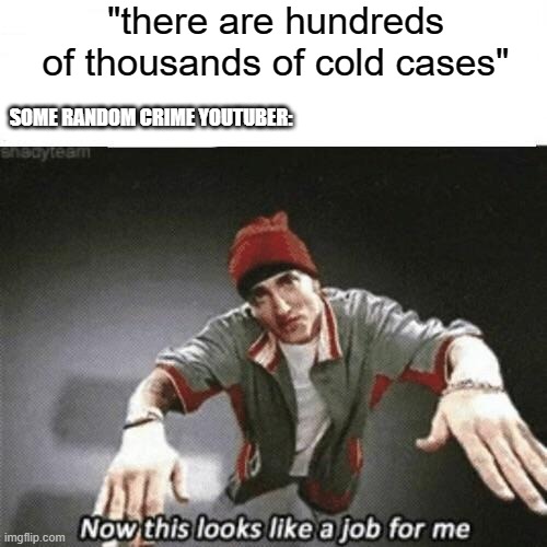 thats a job for them | "there are hundreds of thousands of cold cases"; SOME RANDOM CRIME YOUTUBER: | image tagged in now this looks like a job for me,eminem | made w/ Imgflip meme maker