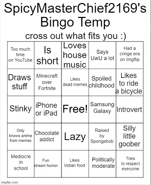 dropping my bingo temp again | image tagged in spicymasterchief2169's bingo temp,bingo,msmg,relatable,template,memes | made w/ Imgflip meme maker
