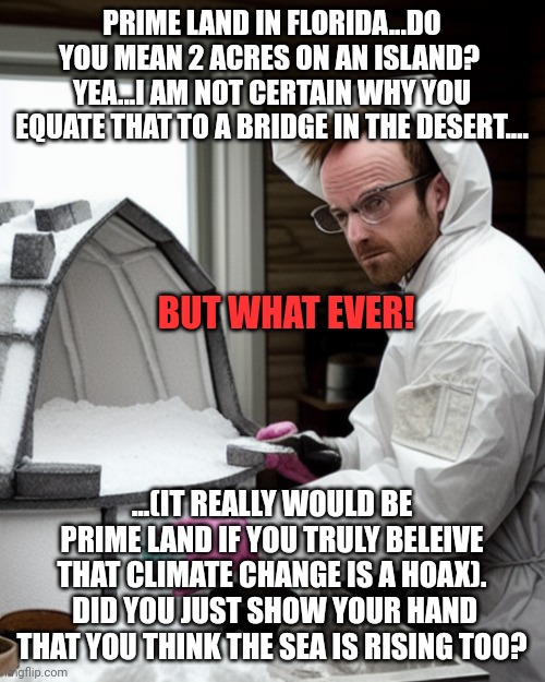 Rotflmao!!!  Which is it? | PRIME LAND IN FLORIDA...DO YOU MEAN 2 ACRES ON AN ISLAND?  YEA...I AM NOT CERTAIN WHY YOU EQUATE THAT TO A BRIDGE IN THE DESERT.... BUT WHAT EVER! ...(IT REALLY WOULD BE PRIME LAND IF YOU TRULY BELEIVE THAT CLIMATE CHANGE IS A HOAX).  DID YOU JUST SHOW YOUR HAND THAT YOU THINK THE SEA IS RISING TOO? | image tagged in snowcones | made w/ Imgflip meme maker