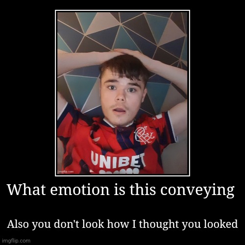 What emotion is this conveying | Also you don't look how I thought you looked | image tagged in funny,demotivationals | made w/ Imgflip demotivational maker