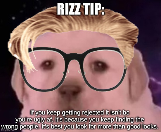 uncomfortable rizz tips pt 7 | RIZZ TIP:; If you keep getting rejected it isn't bc you're ugly af, it's because you keep finding the wrong people. It's best you look for more than good looks. | image tagged in sp3x_ puppers,uncomfortable rizz tips | made w/ Imgflip meme maker