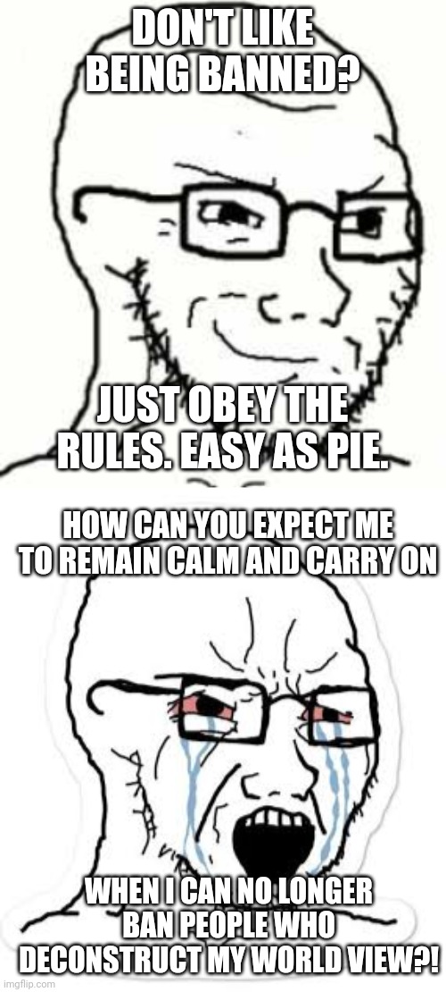 DON'T LIKE BEING BANNED? JUST OBEY THE RULES. EASY AS PIE. HOW CAN YOU EXPECT ME TO REMAIN CALM AND CARRY ON; WHEN I CAN NO LONGER BAN PEOPLE WHO DECONSTRUCT MY WORLD VIEW?! | image tagged in smug soyjack,soy boy cry | made w/ Imgflip meme maker