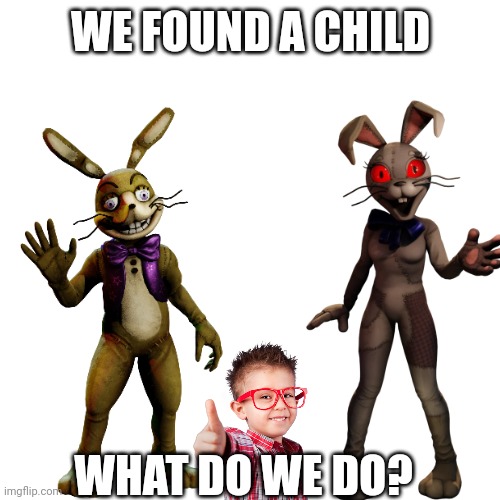 Glitchtrap and Vanny | WE FOUND A CHILD; WHAT DO WE DO? | image tagged in glitch,trap | made w/ Imgflip meme maker