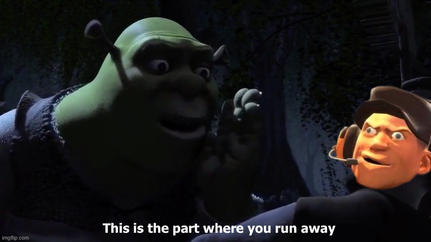 shrek tells scout the part where he runs away | image tagged in this is the part where you run away,tf2,crossover | made w/ Imgflip meme maker