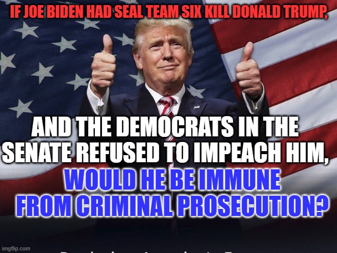 I'm asking for a friend. | IF JOE BIDEN HAD SEAL TEAM SIX KILL DONALD TRUMP, AND THE DEMOCRATS IN THE SENATE REFUSED TO IMPEACH HIM, WOULD HE BE IMMUNE FROM CRIMINAL PROSECUTION? | image tagged in donald trump thumbs up | made w/ Imgflip meme maker