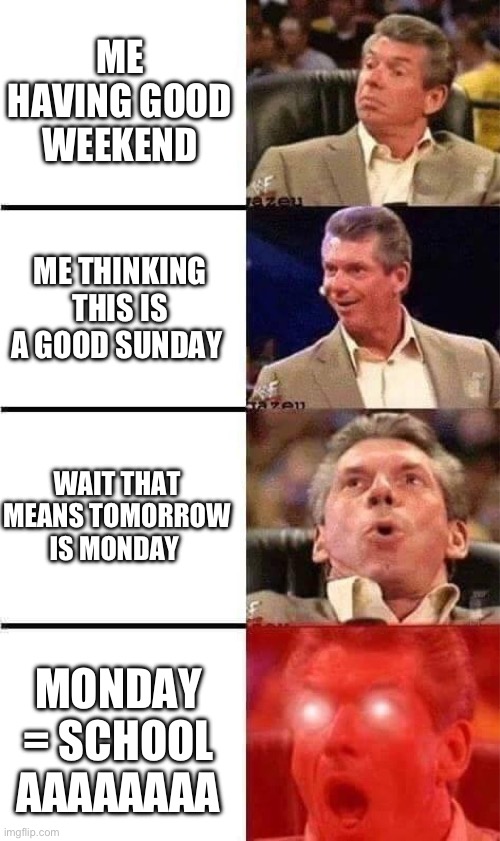 Vince McMahon Reaction w/Glowing Eyes | ME HAVING GOOD WEEKEND; ME THINKING THIS IS A GOOD SUNDAY; WAIT THAT MEANS TOMORROW IS MONDAY; MONDAY = SCHOOL
AAAAAAAA | image tagged in vince mcmahon reaction w/glowing eyes | made w/ Imgflip meme maker