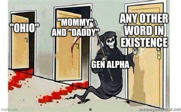 which word is next? | ANY OTHER WORD IN EXISTENCE; "MOMMY" AND "DADDY"; "OHIO"; GEN ALPHA | image tagged in grim reaper knocking door | made w/ Imgflip meme maker