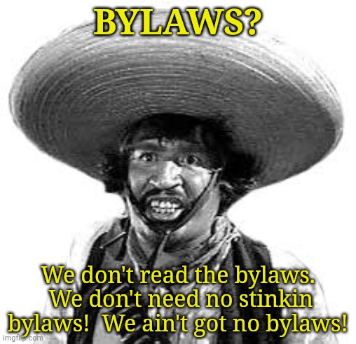 We don't follow bylaws | BYLAWS? We don't read the bylaws.  We don't need no stinkin bylaws!  We ain't got no bylaws! | image tagged in badges we dont need no stinking badges | made w/ Imgflip meme maker