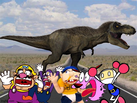 Wario and Friends dies by A Feathered Tyrannosaurus Rex because of their van broke down in the middle of nowhere | image tagged in highway,wario dies,jeffy,bomberman,crossover,super mario | made w/ Imgflip meme maker