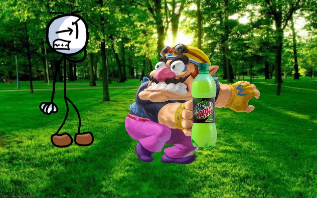 Wario dies by stealing Henry's Stickmin's Mountain Dew | image tagged in grass and trees,henry stickmin,wario dies,crossover,super mario | made w/ Imgflip meme maker