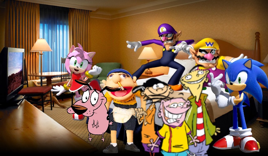 Wario and Friends dies by a cursed breaking news flash while watching a Movie in their Hotel room | image tagged in hotel room,wario dies,crossover | made w/ Imgflip meme maker