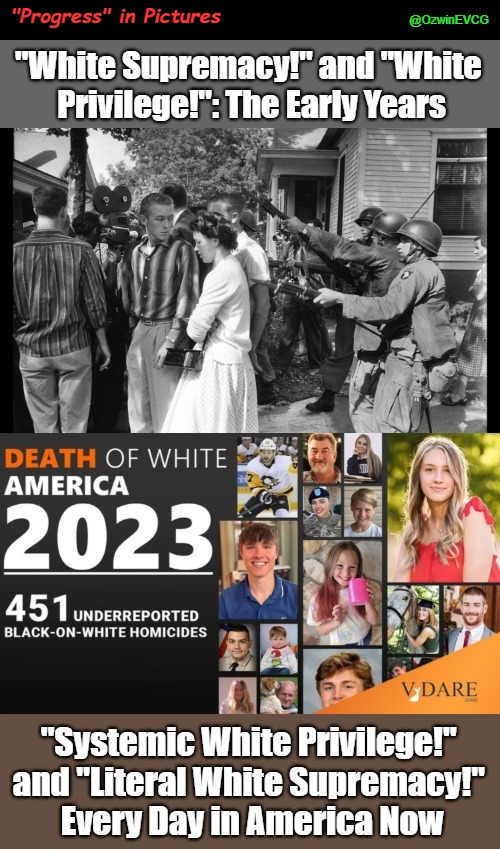 "Progress" in Pictures | @OzwinEVCG; "Progress" in Pictures; "White Supremacy!" and "White 

Privilege!": The Early Years; "Systemic White Privilege!" 

and "Literal White Supremacy!" 

Every Day in America Now | image tagged in war on whites,white privilege,meaningless slogans,white supremacy,human parrots,myth of progress | made w/ Imgflip meme maker