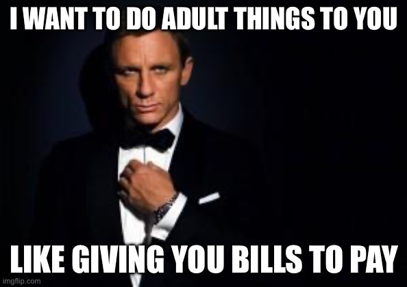 Adult things | I WANT TO DO ADULT THINGS TO YOU; LIKE GIVING YOU BILLS TO PAY | image tagged in james bond | made w/ Imgflip meme maker