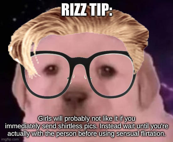 uncomfortable rizz tips pt 8 | RIZZ TIP:; Girls will probably not like it if you immediately send shirtless pics. Instead wait until you're actually with the person before using sensual flirtation. | image tagged in sp3x_ puppers,uncomfortable rizz tips | made w/ Imgflip meme maker