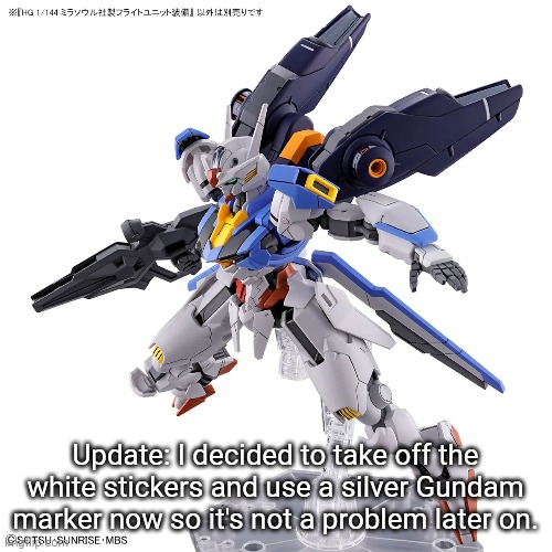 I'd rather not have a situation like with the aerial's shoulders where I don't know how long they've been gone | Update: I decided to take off the white stickers and use a silver Gundam marker now so it's not a problem later on. | made w/ Imgflip meme maker
