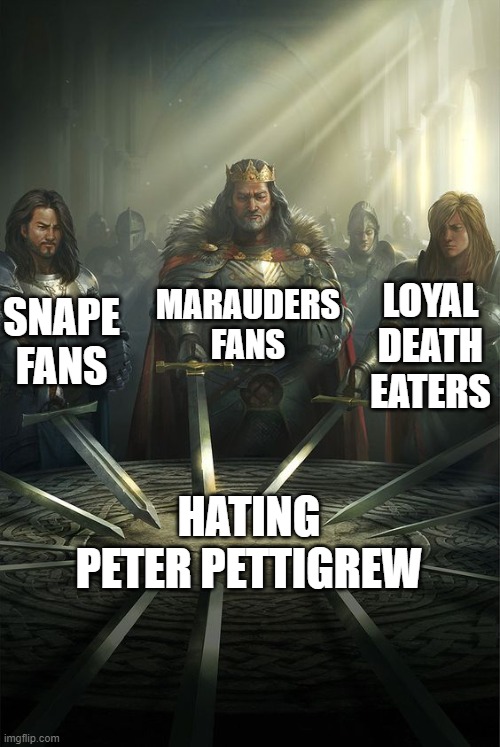 Knights of the Round Table | MARAUDERS FANS; SNAPE FANS; LOYAL DEATH EATERS; HATING PETER PETTIGREW | image tagged in knights of the round table | made w/ Imgflip meme maker