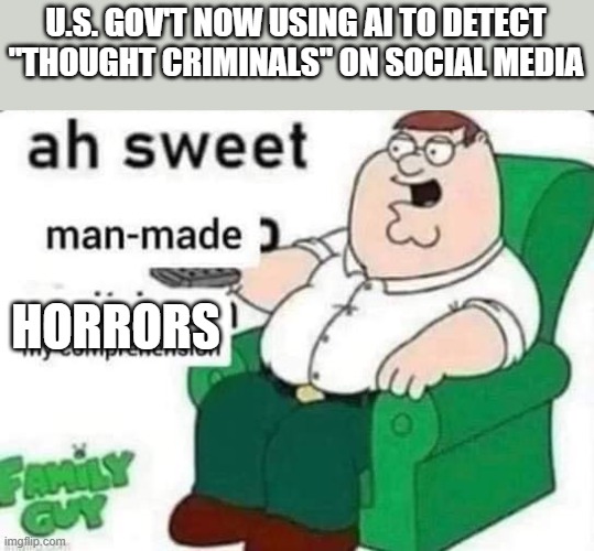 Internet!! | U.S. GOV'T NOW USING AI TO DETECT "THOUGHT CRIMINALS" ON SOCIAL MEDIA; HORRORS | image tagged in ah sweet man-made horrors beyond my comprehension,artificial intelligence,social media,democrats,government | made w/ Imgflip meme maker